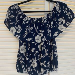 Blue and White Floral Off the Shoulder Blouse